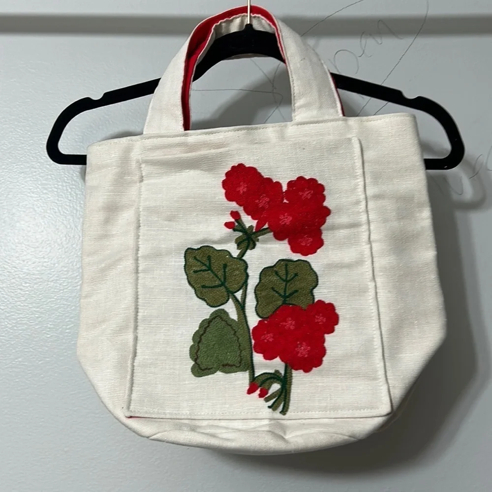 Palmer Smith Embroidered Floral Tote Bag White Red Geranium Design